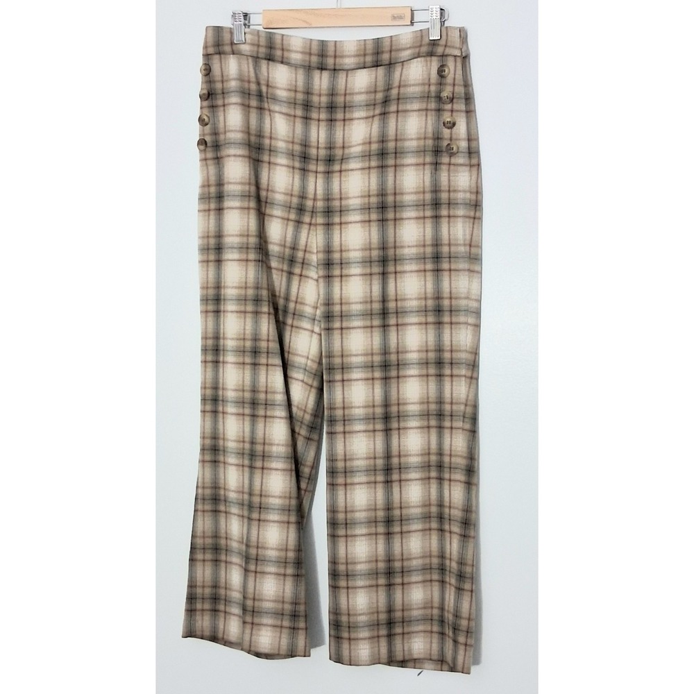 Loft Pants Women's Size 8 High Rise Wide Leg Plaid Button Preppy Career Cropped